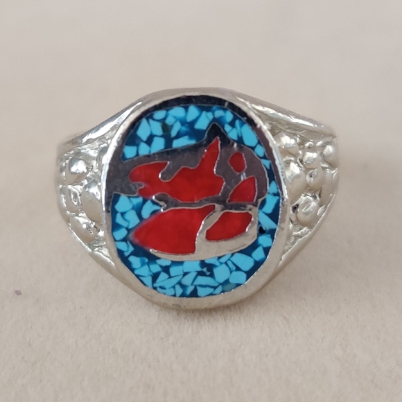 Vintage Other - Vintage heavy silver turquoise & coral horse ring